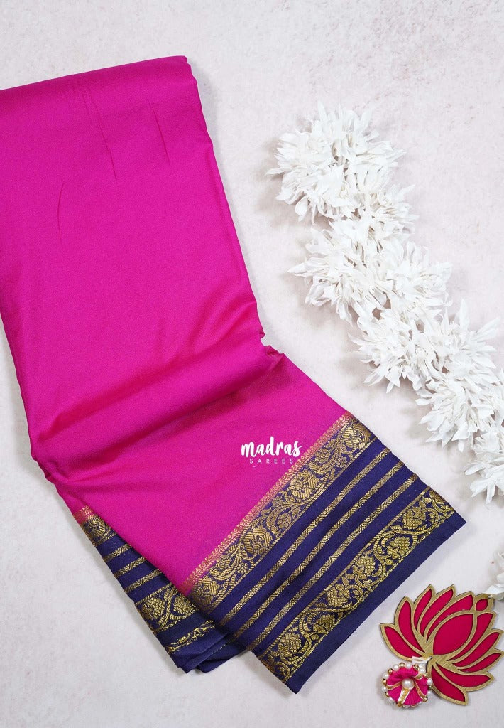 Magenta Pink - Avantika - Semi Mysore Silk Saree with Contrast Traditional Border - Perfect for Small Functions