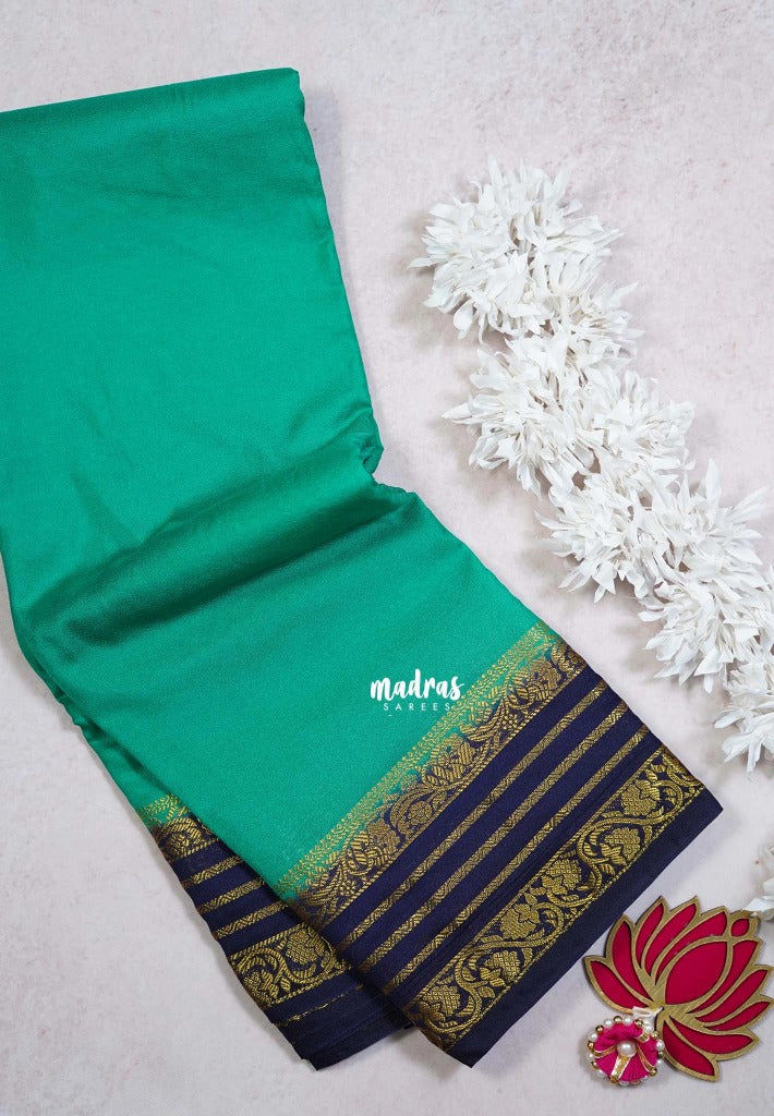 Aqua Green - Avantika - Semi Mysore Silk Saree with Contrast Traditional Border - Perfect for Small Functions
