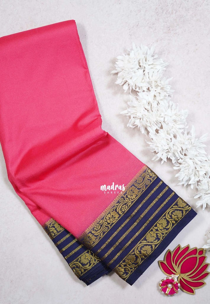 Candy Pink - Avantika - Semi Mysore Silk Saree with Contrast Traditional Border - Perfect for Small Functions