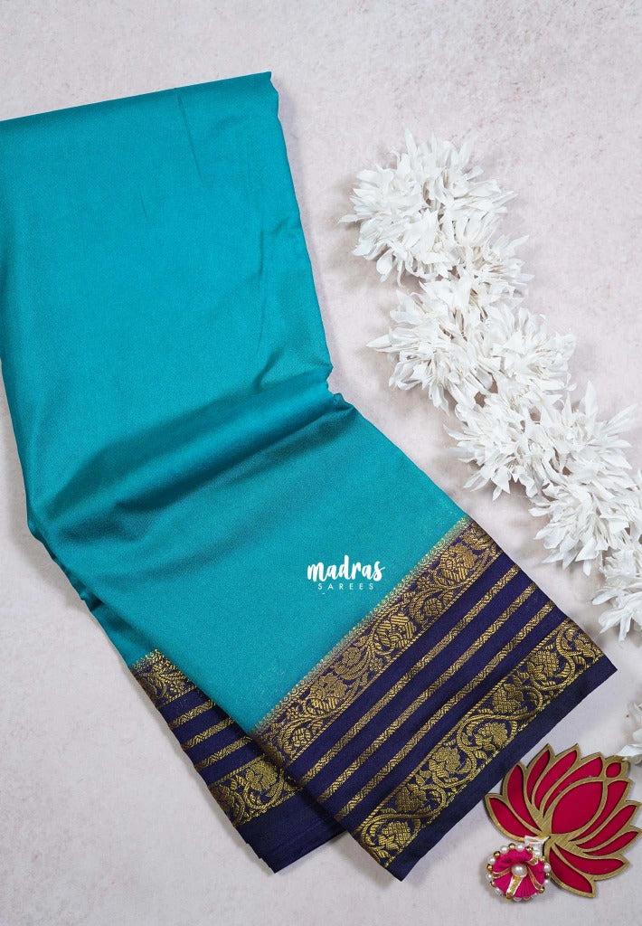 Teal Blue - Avantika - Semi Mysore Silk Saree with Contrast Traditional Border - Perfect for Small Functions