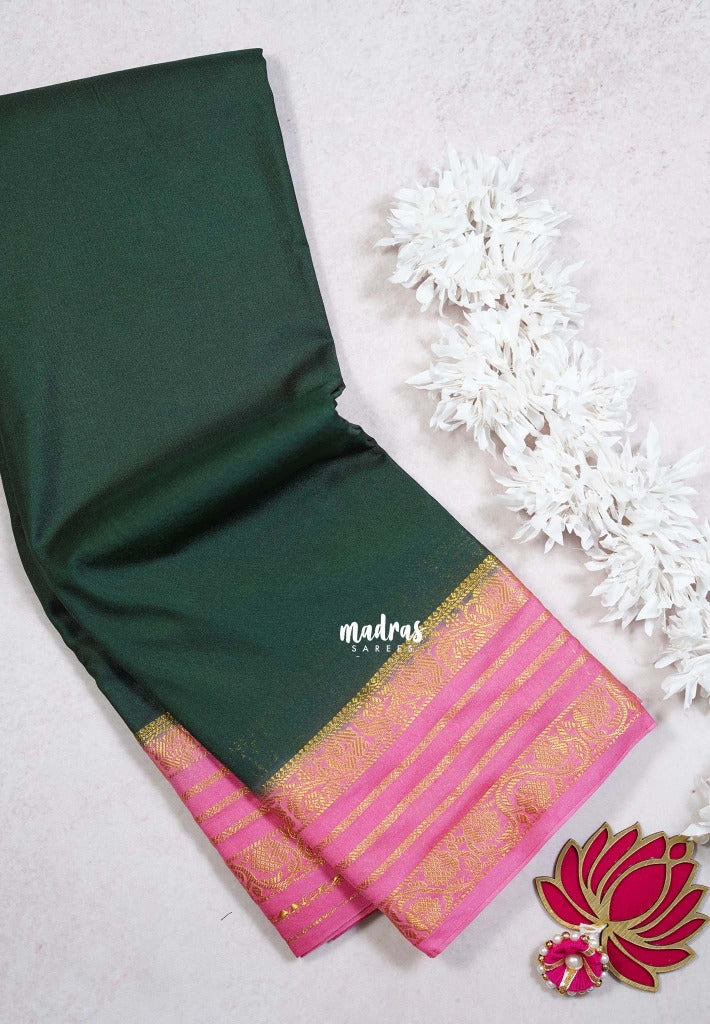 Dark Green - Avantika - Semi Mysore Silk Saree with Contrast Traditional Border - Perfect for Small Functions