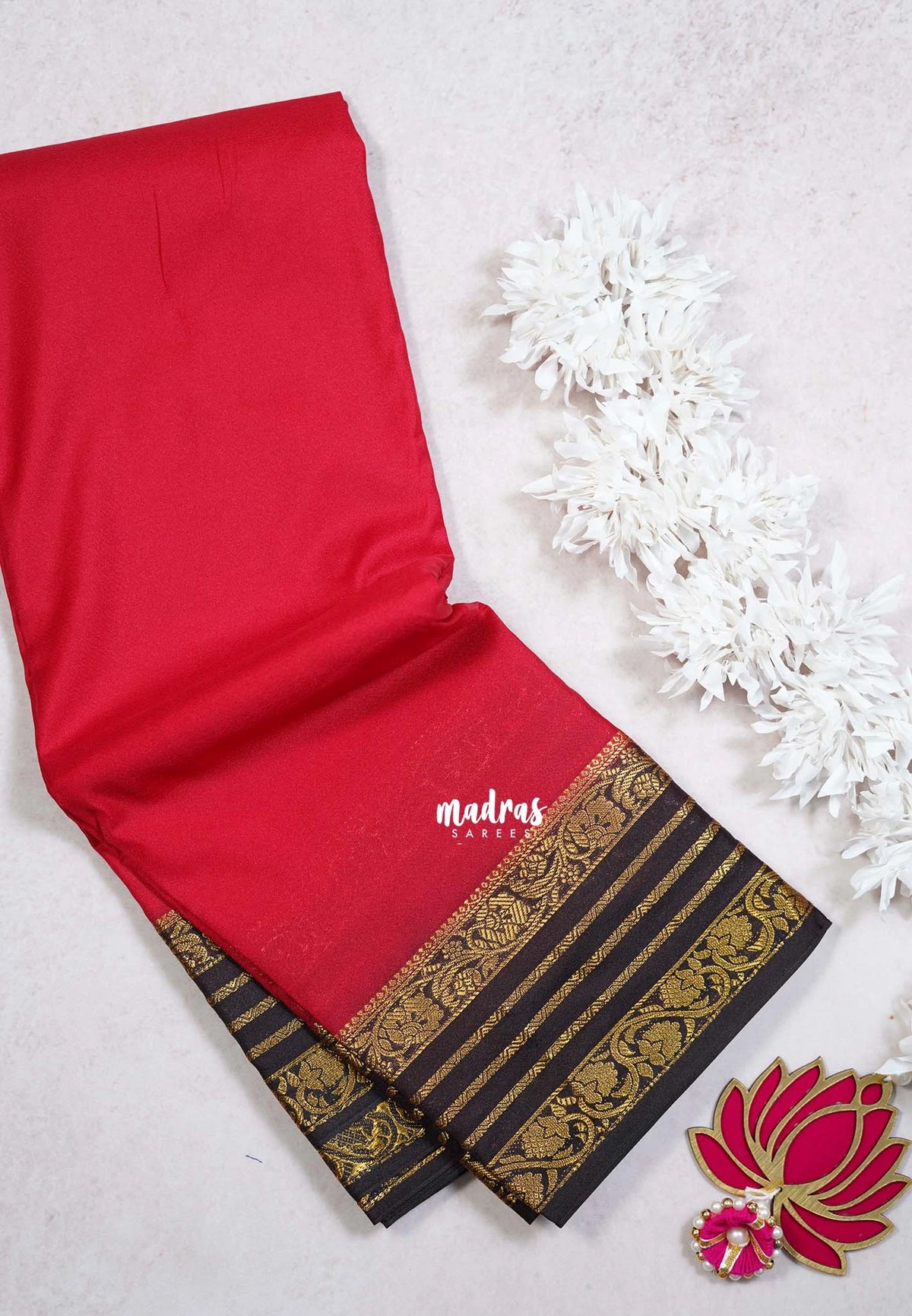 Dark Red - Avantika - Semi Mysore Silk Saree with Contrast Traditional Border - Perfect for Small Functions