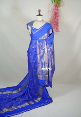 Royal Blue - Avantika - Semi Mysore Silk Saree with Checks Weaving Gap and Mayil Border - Perfect for Small Functions