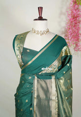Emerald Green - Avantika - Semi Mysore Silk Saree with Checks Weaving Gap and Mayil Border - Perfect for Small Functions