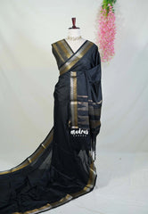 Ebony Black - Avantika - Semi Mysore Silk Saree with Small Border - Perfect for Small Functions