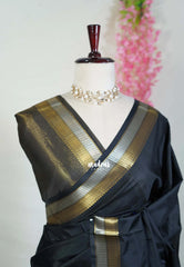 Ebony Black - Avantika - Semi Mysore Silk Saree with Small Border - Perfect for Small Functions