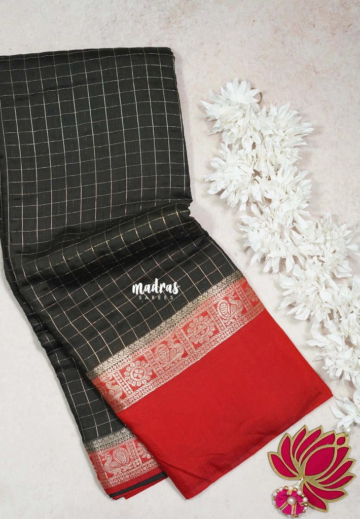 Jet Black - Avantika - Semi Mysore Silk Saree Checks with Skirt Border - Perfect for Wedding Functions