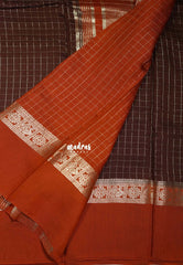 Coffee Brown with Rust Orange - Avantika - Semi Mysore Silk Saree Checks with Skirt Border - Perfect for Wedding Functions