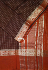 Coffee Brown with Rust Orange - Avantika - Semi Mysore Silk Saree Checks with Skirt Border - Perfect for Wedding Functions