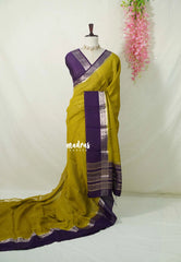 Greenish Yellow - Avantika - Semi Mysore Silk Saree Checks with Skirt Border - Perfect for Wedding Functions