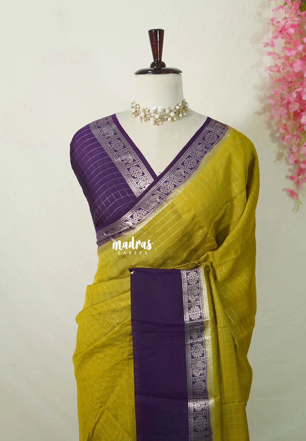 Greenish Yellow - Avantika - Semi Mysore Silk Saree Checks with Skirt Border - Perfect for Wedding Functions
