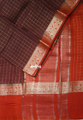 Coffee Brown with Orange - Avantika - Semi Mysore Silk Saree Checks with Skirt Border - Perfect for Wedding Functions