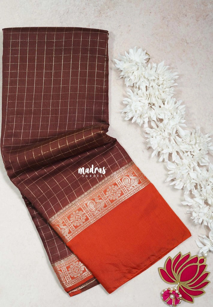 Coffee Brown with Orange - Avantika - Semi Mysore Silk Saree Checks with Skirt Border - Perfect for Wedding Functions
