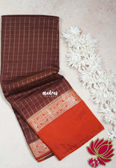 Coffee Brown with Orange - Avantika - Semi Mysore Silk Saree Checks with Skirt Border - Perfect for Wedding Functions
