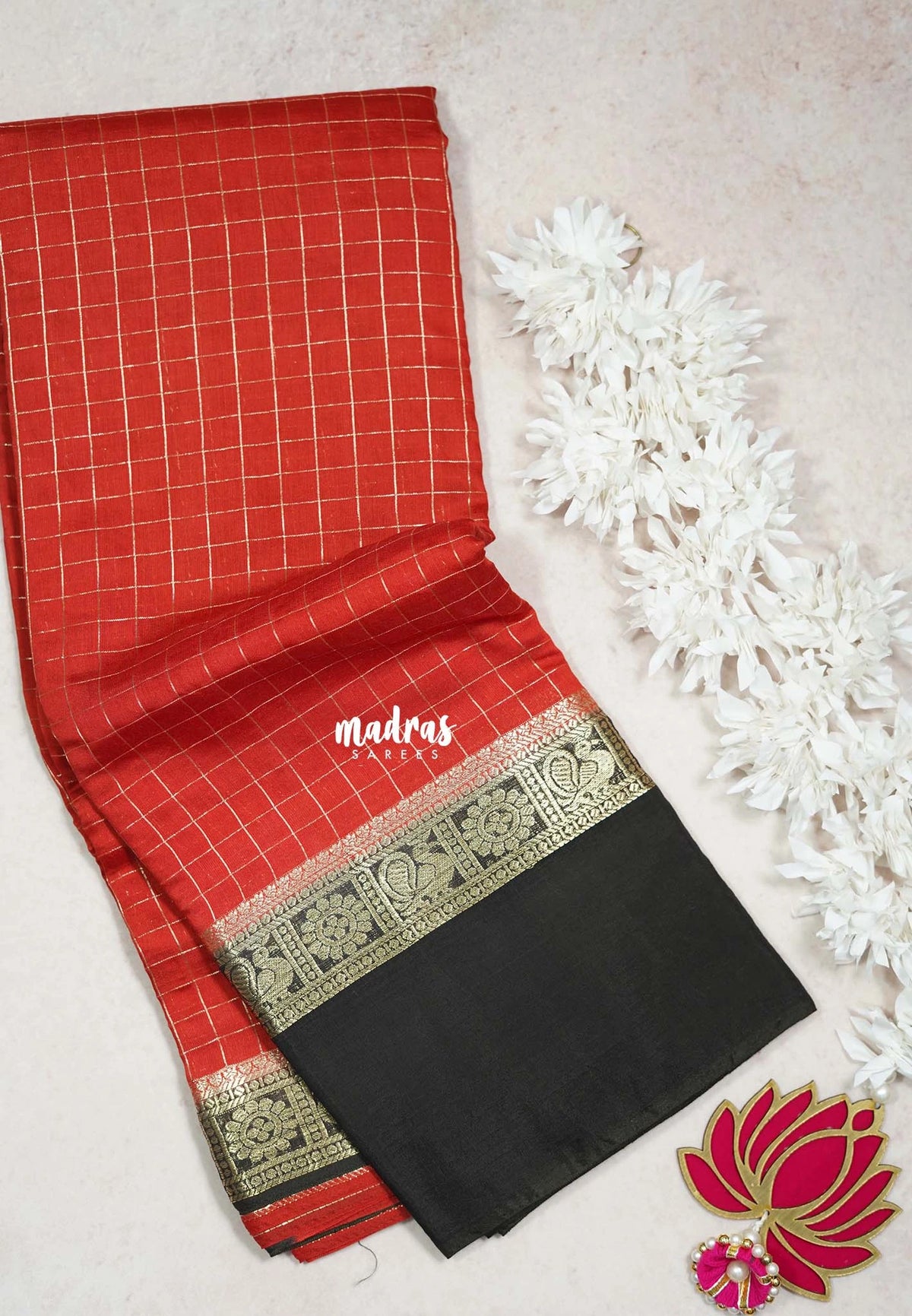 Orangish Red - Avantika - Semi Mysore Silk Saree Checks with Skirt Border - Perfect for Wedding Functions