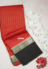 Orangish Red - Avantika - Semi Mysore Silk Saree Checks with Skirt Border - Perfect for Wedding Functions
