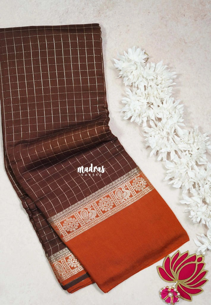 Coffee Brown with Rust Orange - Avantika - Semi Mysore Silk Saree Checks with Skirt Border - Perfect for Wedding Functions