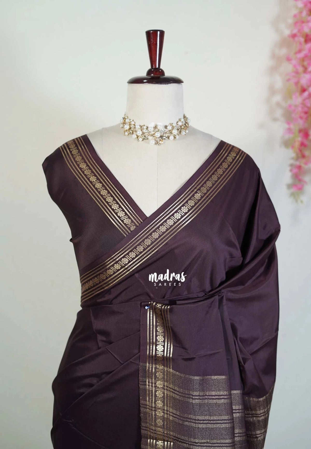 Coffee Brown - Avantika - Semi Mysore Silk Saree with Tiny Flower Border - Perfect for Small Functions