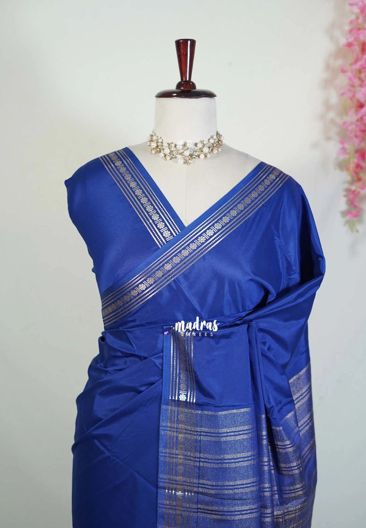 Indigo Blue - Avantika - Semi Mysore Silk Saree with Tiny Flower Border - Perfect for Small Functions
