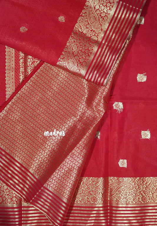 Red - Avantika - Semi Mysore silk buttas with zari border