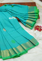 (PRE-BOOKING) Cyan with green - kannamma Handwoven Ballbutta linen