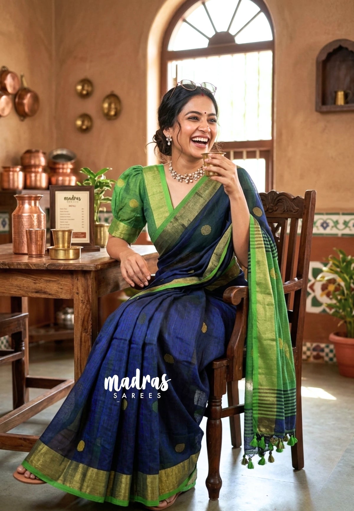(PRE-BOOKING) Navy Blue - Kannamma Handwoven Ballbutta linen with Green pallu