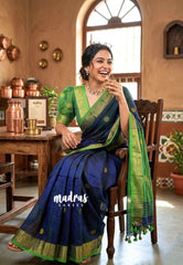 (PRE-BOOKING) Navy Blue - Kannamma Handwoven Ballbutta linen with Green pallu