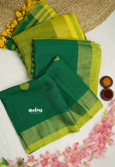 kannamma  Handwoven Ballbutta linen Fresh green with yellow pallu - Madras Sarees 