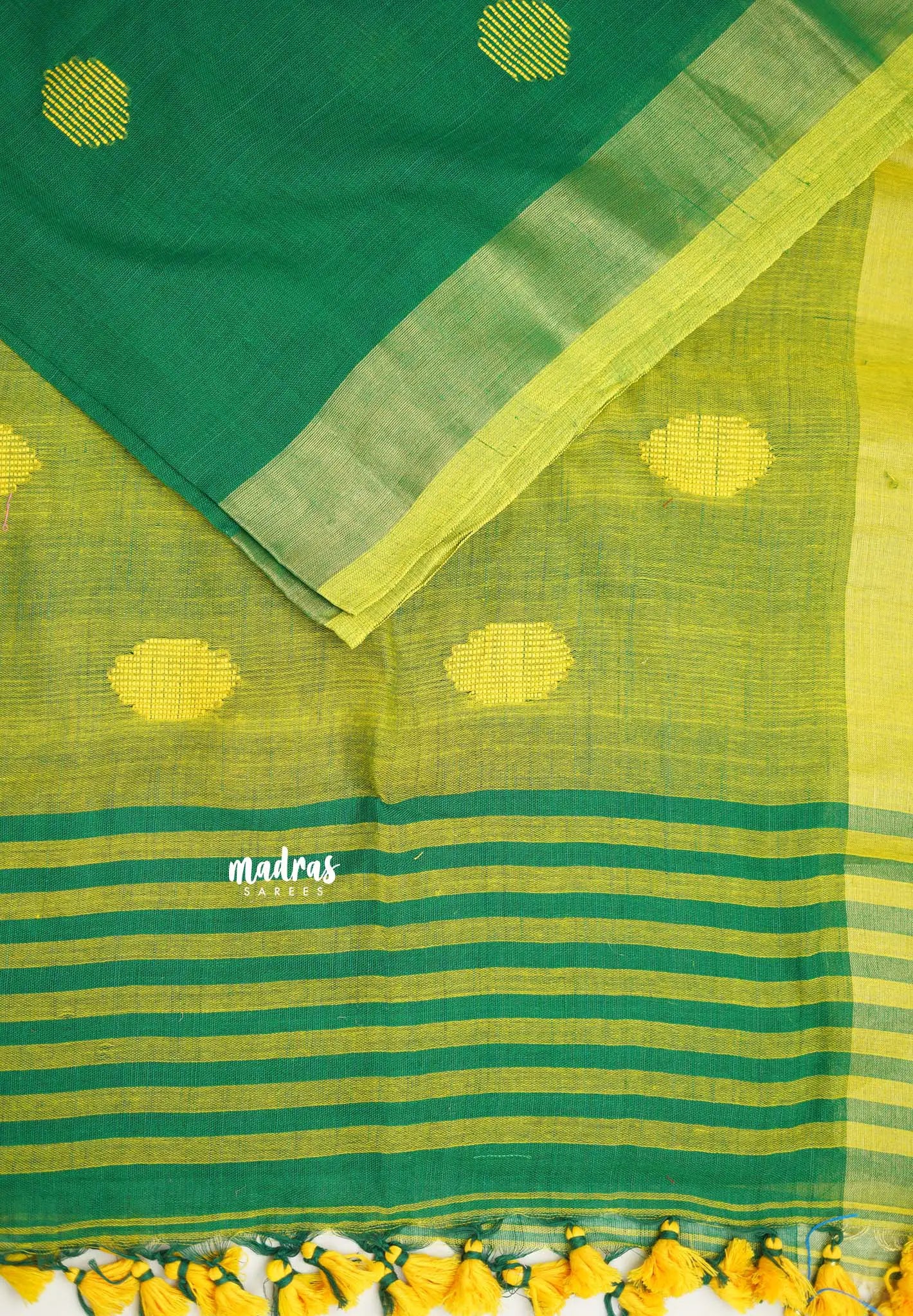 kannamma  Handwoven Ballbutta linen Fresh green with yellow pallu - Madras Sarees 