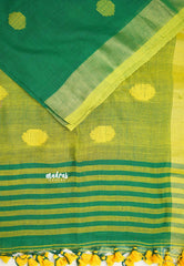 kannamma  Handwoven Ballbutta linen Fresh green with yellow pallu - Madras Sarees 