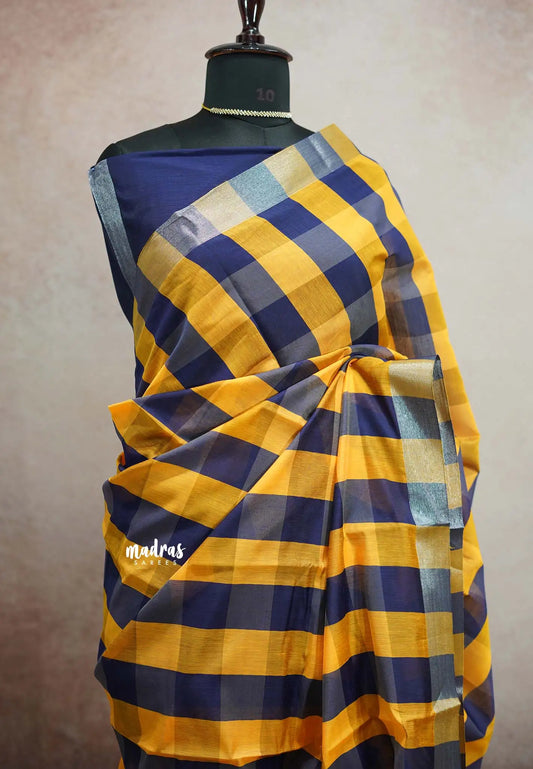 Haasini - Soft Bamboo cotton checks body tissue border - Navy with yellow