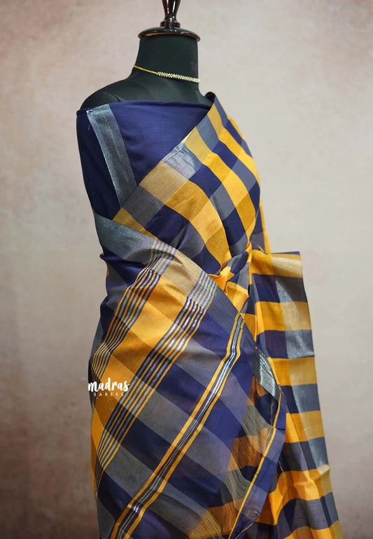 Haasini - Soft Bamboo cotton checks body tissue border - Navy with yellow