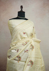 Haasini - Bamboo cotton silk handstitched kantha work with warli embroidery - Half white 1