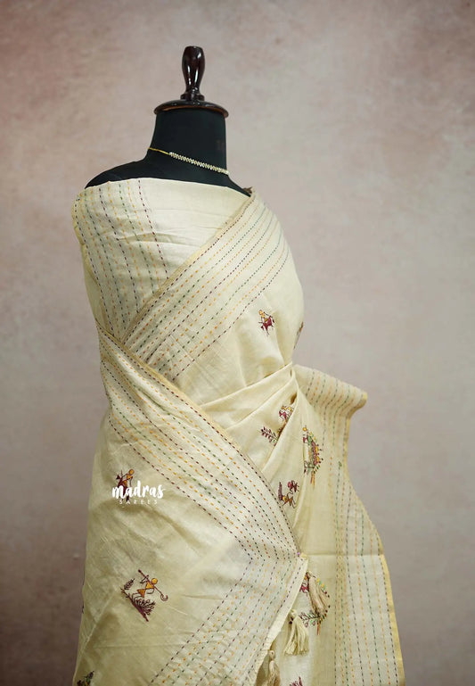 Haasini - Bamboo cotton silk handstitched kantha work with warli embroidery - Half white 1