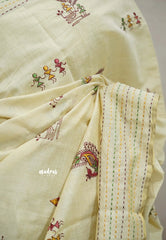 Haasini - Bamboo cotton silk handstitched kantha work with warli embroidery - Half white 2