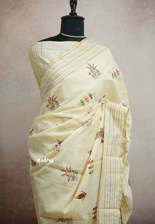 Haasini - Bamboo cotton silk handstitched kantha work with warli embroidery - Half white 2