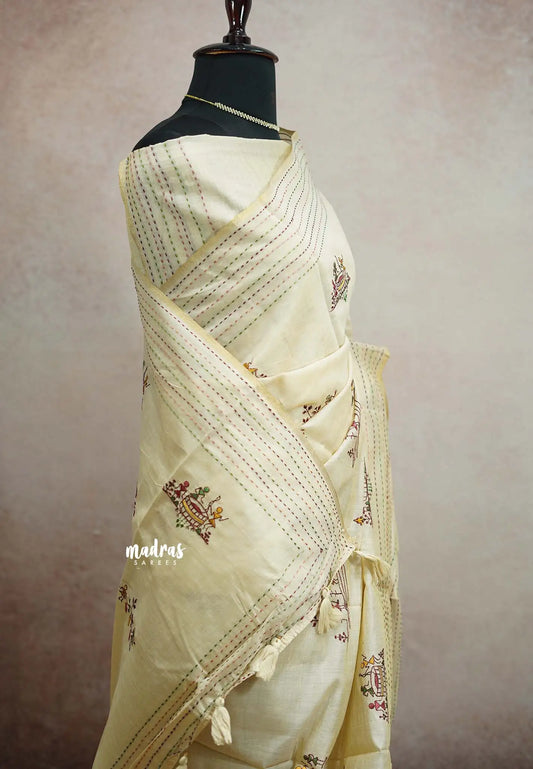 Haasini - Bamboo cotton silk handstitched kantha work with warli embroidery - Half white 3