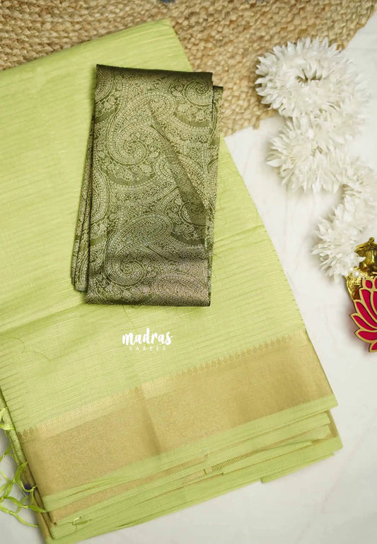 Narayani - Semi Organza silk stripes weaving body with Banarasi blouse - pastel apple green