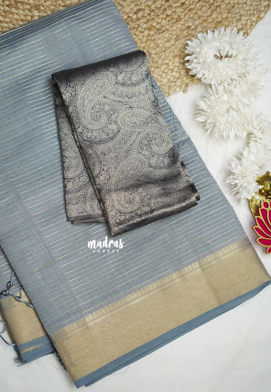 Narayani - Semi Organza silk stripes weaving body with Banarasi blouse - Pastel grey