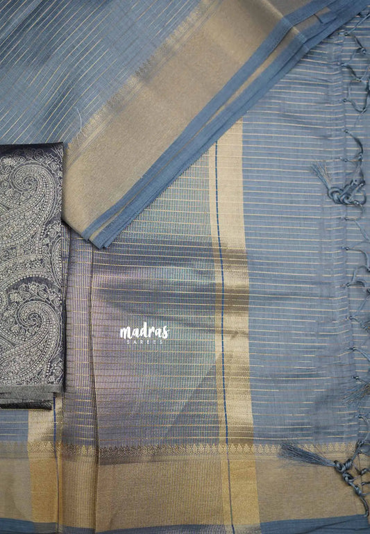 Narayani - Semi Organza silk stripes weaving body with Banarasi blouse - Pastel grey