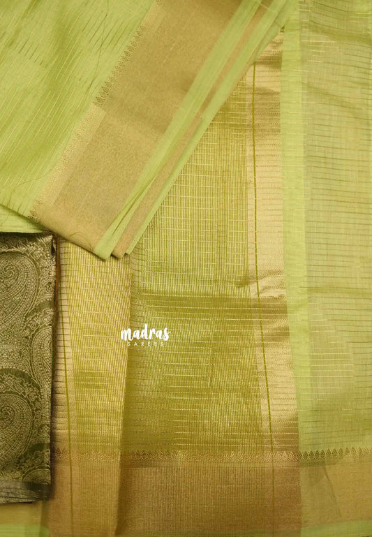 Narayani - Semi Organza silk stripes weaving body with Banarasi blouse - pastel apple green