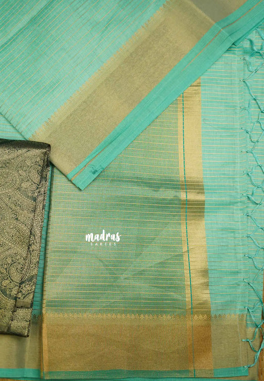 Narayani - Semi Organza silk stripes weaving body with Banarasi blouse - Aqua Green