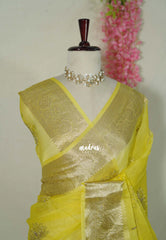Lime Yellow - Banarasi Organza Silk with Beads worked Lotus Jacquard Border - Best for wedding Reception