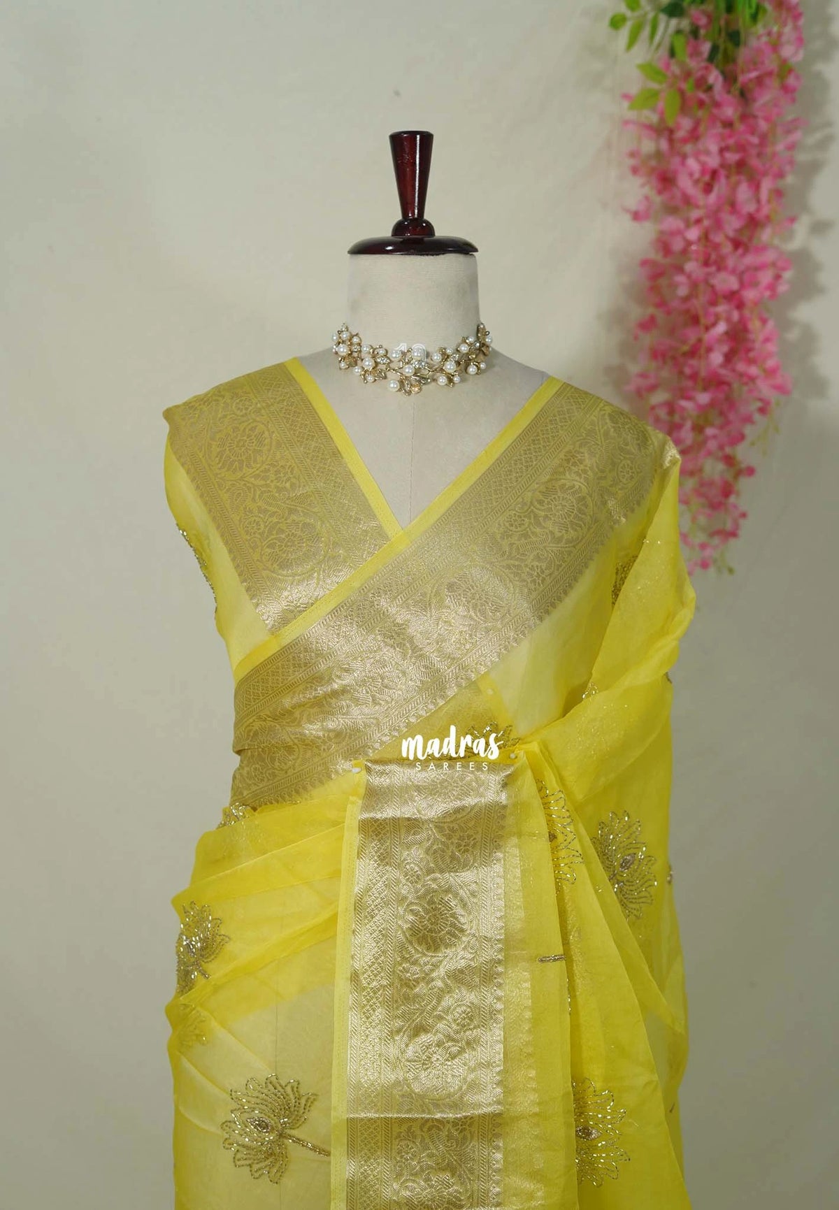 Lime Yellow - Banarasi Organza Silk with Beads worked Lotus Jacquard Border - Best for wedding Reception
