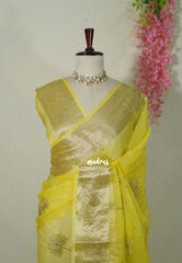 Lime Yellow - Banarasi Organza Silk with Beads worked Lotus Jacquard Border - Best for wedding Reception