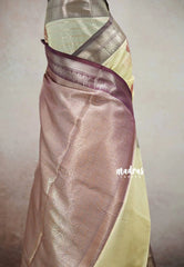 Mild yellow - Banarasi soft silk floral and horizontal stripes weaving - Durga