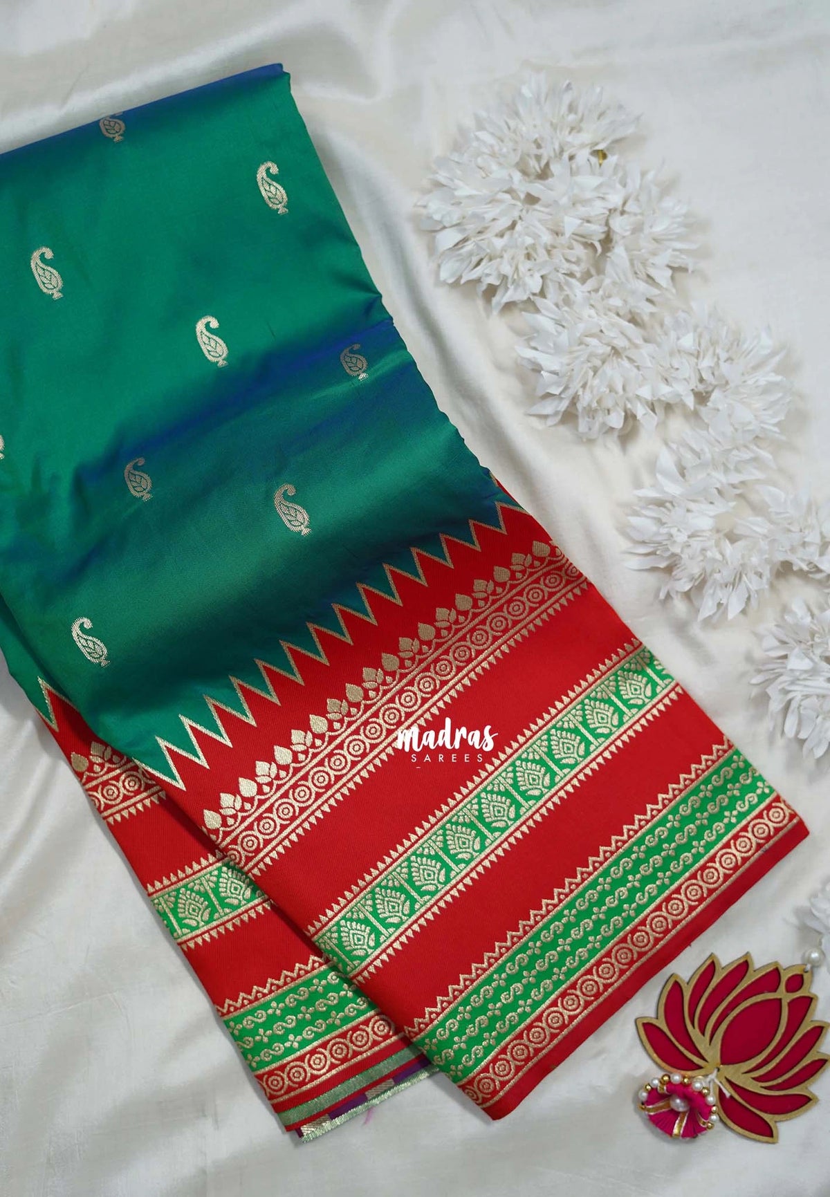 Dual Shade Peacock Green - Durga - Traditional Banarasi Semi Soft Silk Saree with Big Border and Buttas - Best for Festive Wear