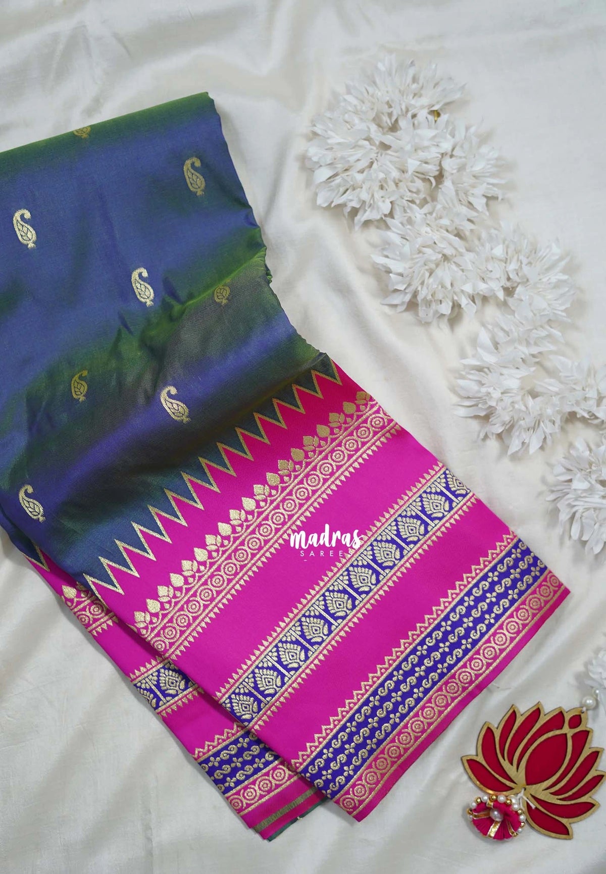 Dual Shade Greyish Blue - Durga - Traditional Banarasi Semi Soft Silk Saree with Big Border and Buttas - Best for Festive Wear