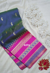 Dual Shade Greyish Blue - Durga - Traditional Banarasi Semi Soft Silk Saree with Big Border and Buttas - Best for Festive Wear