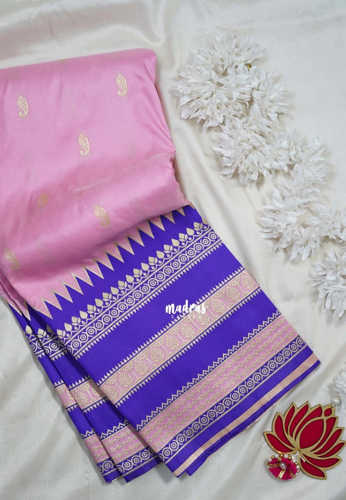 Lotus Pink - Durga - Traditional Banarasi Semi Soft Silk Saree with Big Border and Buttas - Best for Festive Wear